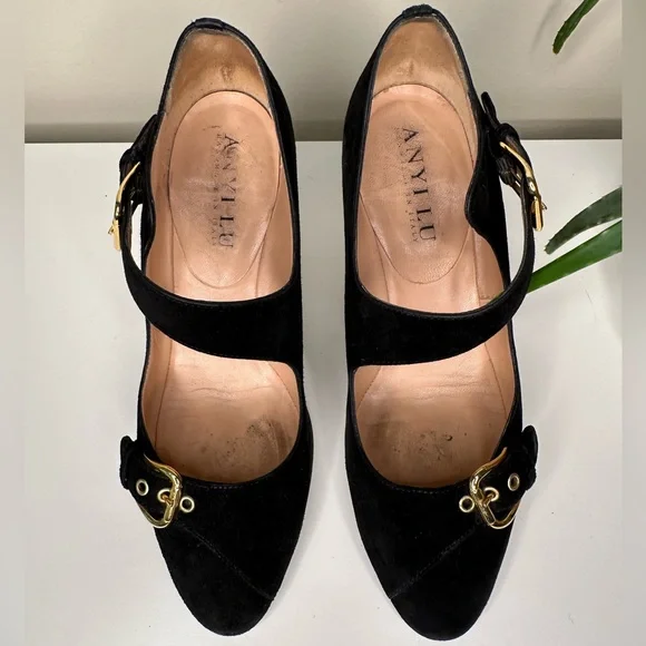 Anyi Lu Black Suede Heels 37 | Mary Jane Pumps with Gold Buckles | Made in Italy - Picture 8 of 13